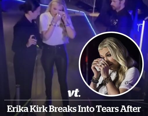Erika Kirk breaks into tears after being introduced on stage by old recording of late husband Charlie